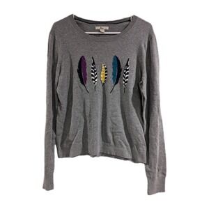 Bass Crewneck sweater Gray Knit feathers graphic Womens Large Grannycore Teacher